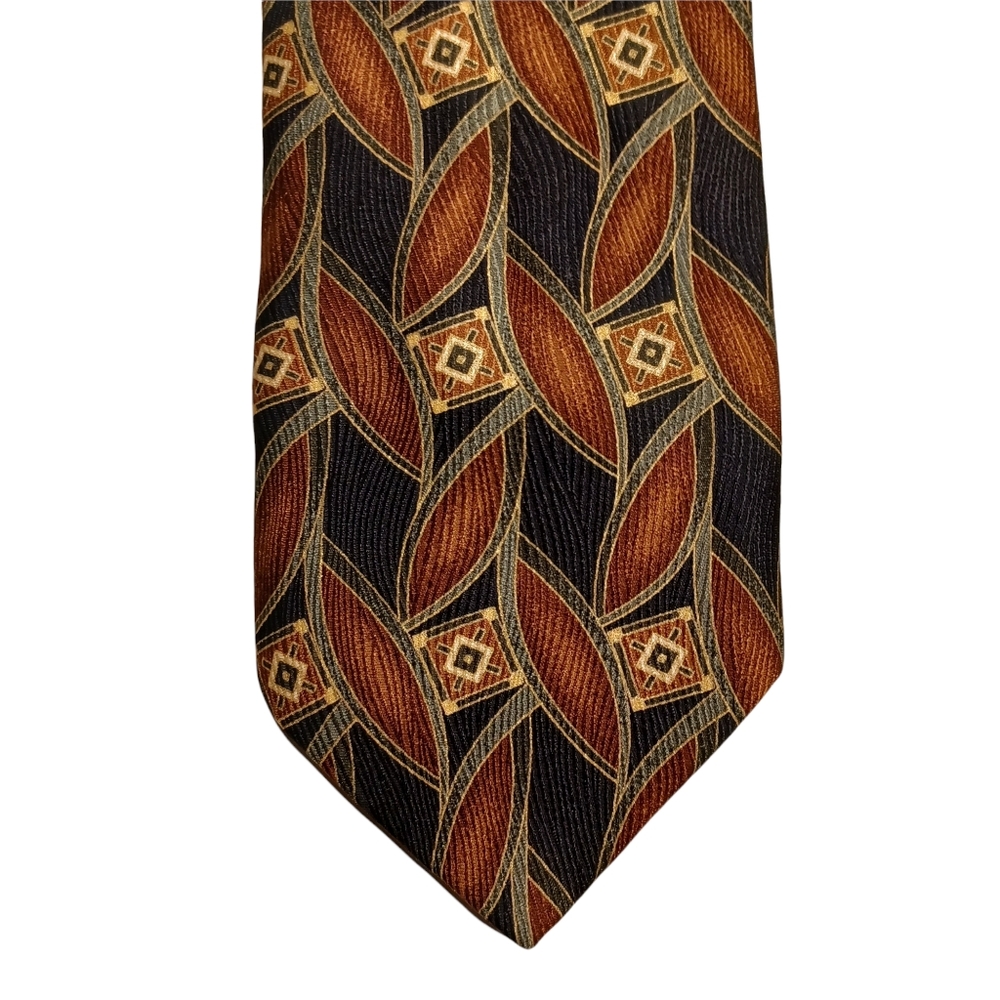 BRANDINI Le Collezioni Silk Brown Leaf Print Navy Blue Diamond Print Tie